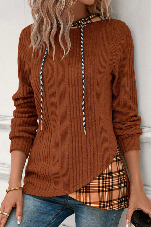 Plaid Patchwork Ribbed Knit Asymmetric Hem Hooded Top